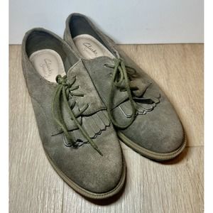 Clarks Somerset MushroomSuede Fringe Lace Up Oxford Loafer Shoes Women's 7.5M